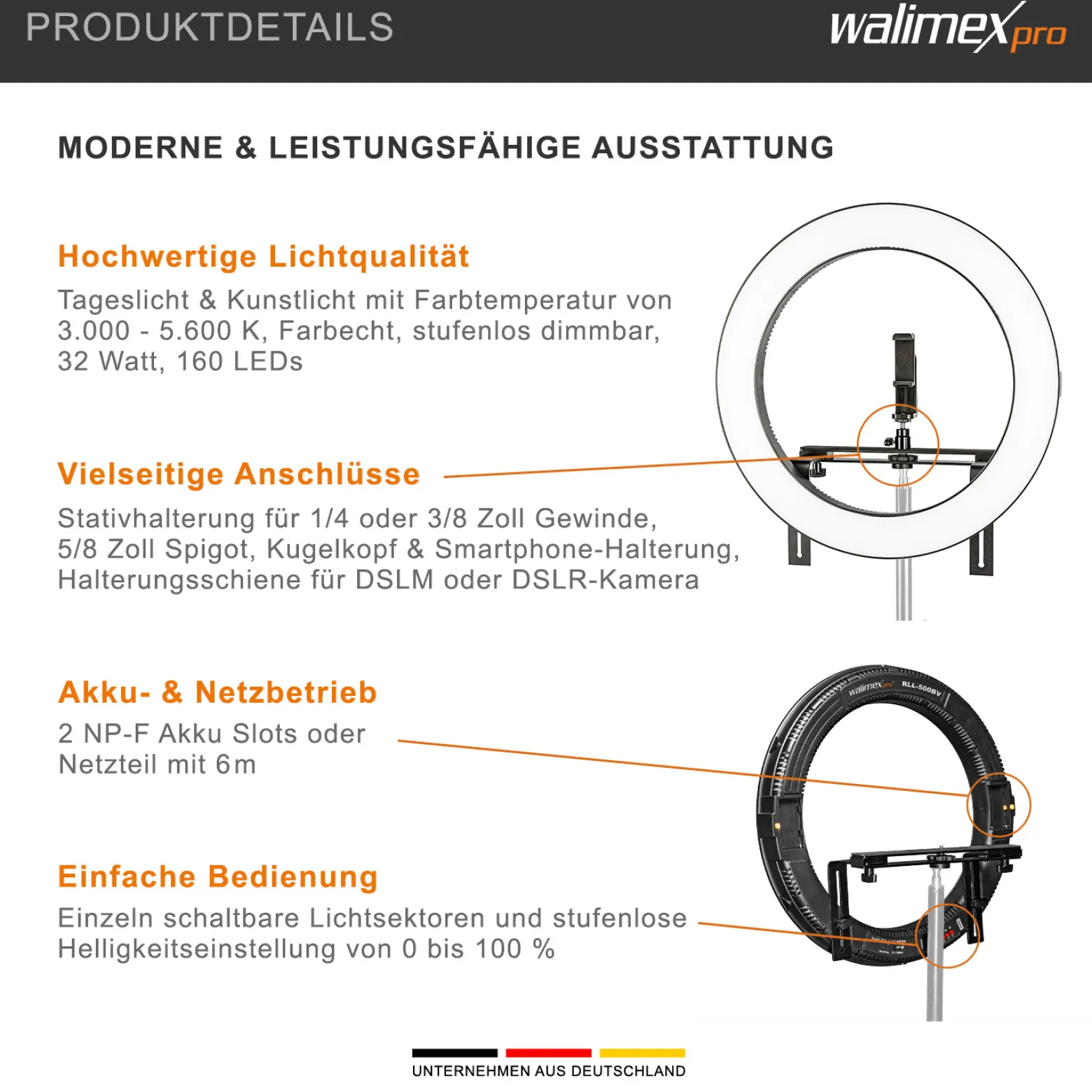 Walimex pro LED Ringleuchte 500 Bi-Color, dimmbares Ringlicht 32 W, Leuchtring mit einzeln schatlbaren Sektoren, Selfie Licht mit umfangreichem Zubehör