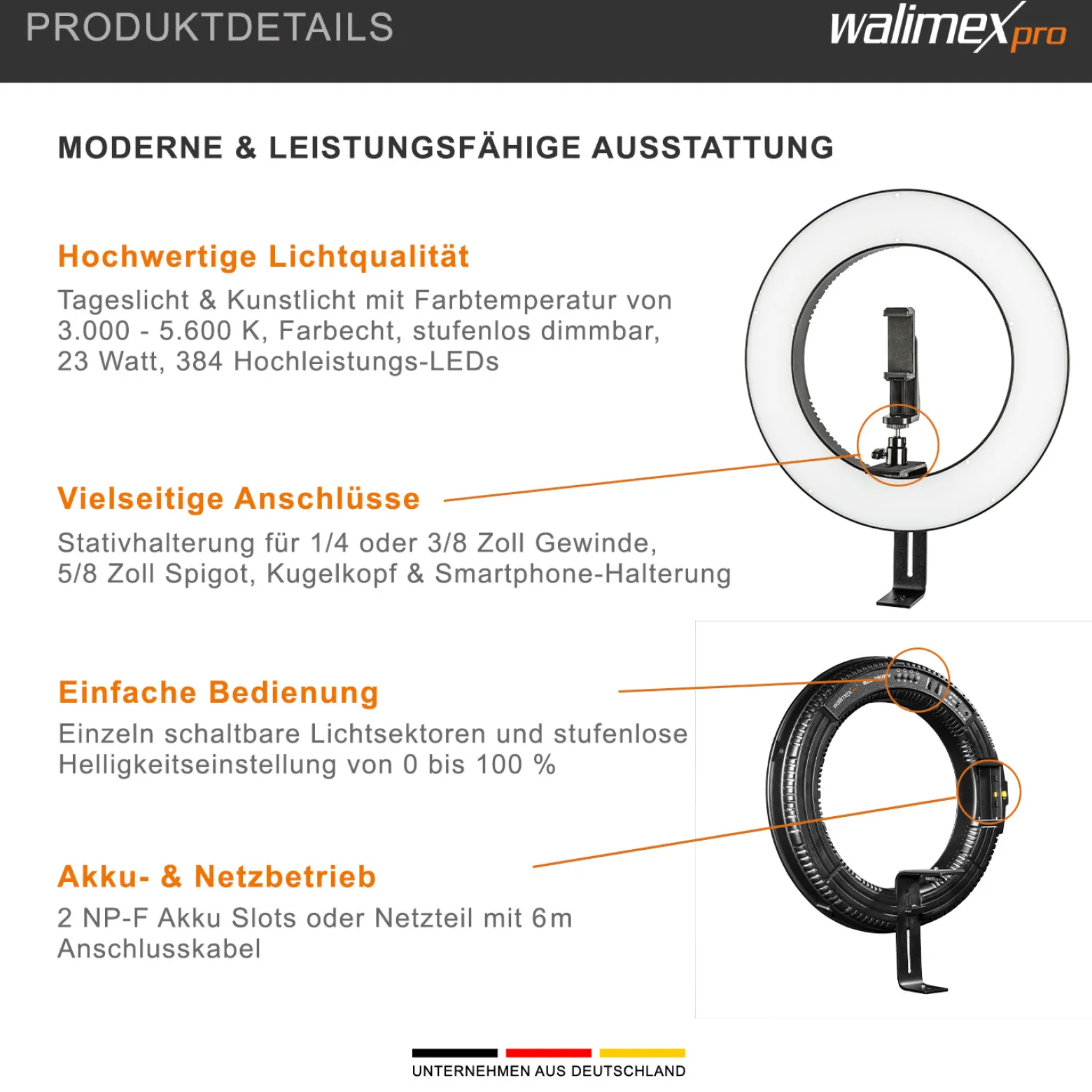 Walimex pro LED Ringleuchte 380 Bi-Color 23 W, leistungsstarkes Ringlicht mit schaltbaren Sektoren, Leuchtring dimmbar, Videoleuchte mit Kamera- und Smartphone-Zubehör