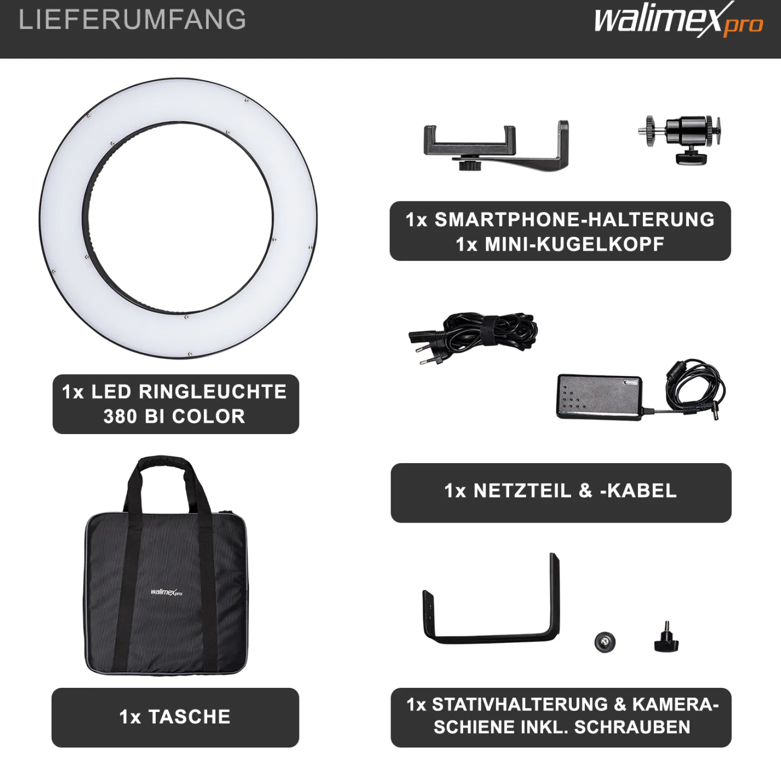 Walimex pro LED Ringleuchte 380 Bi-Color 23 W, leistungsstarkes Ringlicht mit schaltbaren Sektoren, Leuchtring dimmbar, Videoleuchte mit Kamera- und Smartphone-Zubehör
