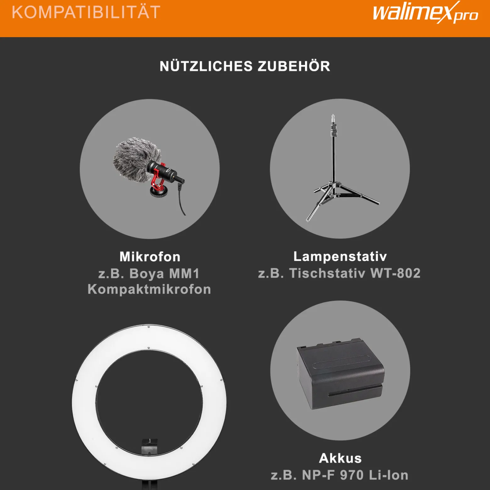 Walimex pro LED Ringleuchte 380 Bi-Color 23 W, leistungsstarkes Ringlicht mit schaltbaren Sektoren, Leuchtring dimmbar, Videoleuchte mit Kamera- und Smartphone-Zubehör