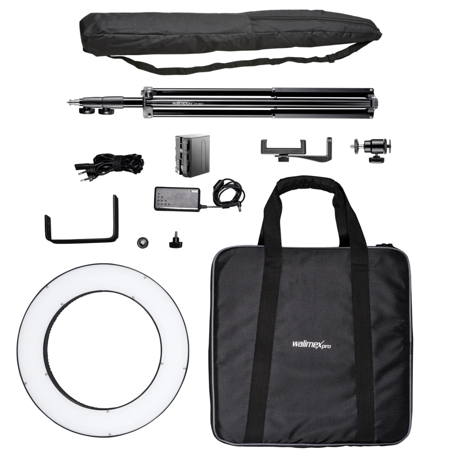 Walimex pro LED Ringleuchte 380 Bi-Color 23 W Set inkl. Stativ & Akku, leistungsstarkes Ringlicht mit schaltbaren Sektoren, Leuchtring dimmbar, Videoleuchte mit Zubehör