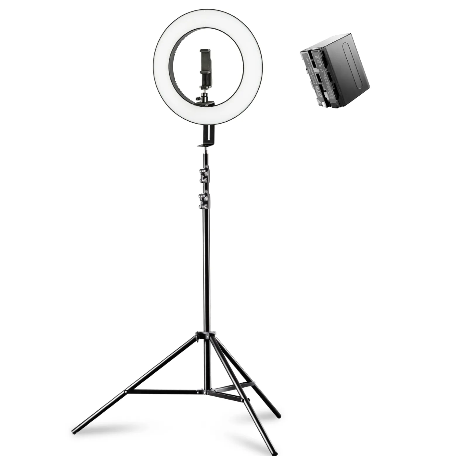 Walimex pro LED Ringleuchte 380 Bi-Color 23 W Set inkl. Stativ & Akku, leistungsstarkes Ringlicht mit schaltbaren Sektoren, Leuchtring dimmbar, Videoleuchte mit Zubehör