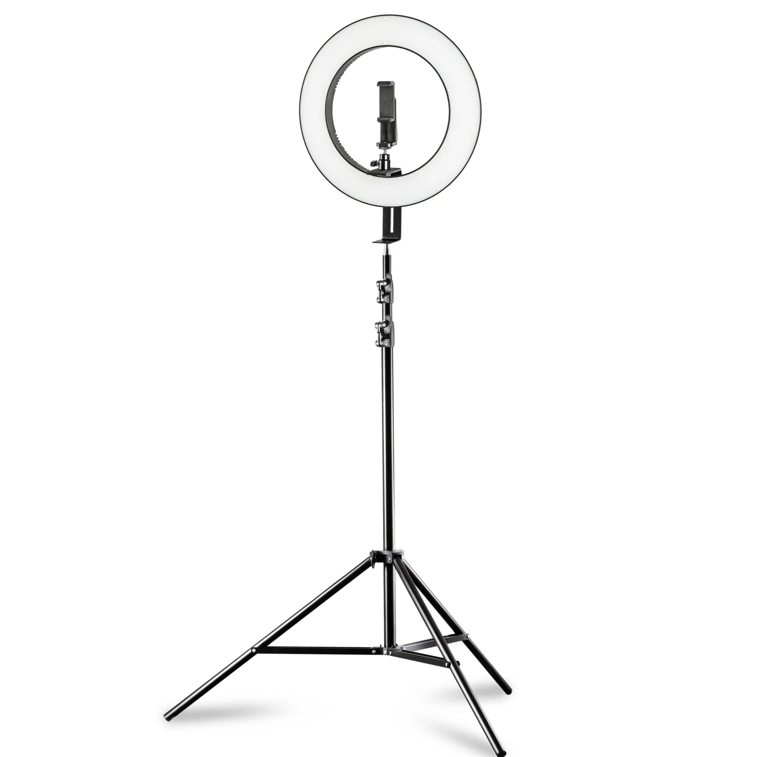 Walimex pro LED Ringleuchte 380 Bi-Color 23 W Set inkl. Stativ, leistungsstarkes Ringlicht mit schaltbaren Sektoren, Leuchtring dimmbar, Videoleuchte mit Zubehör