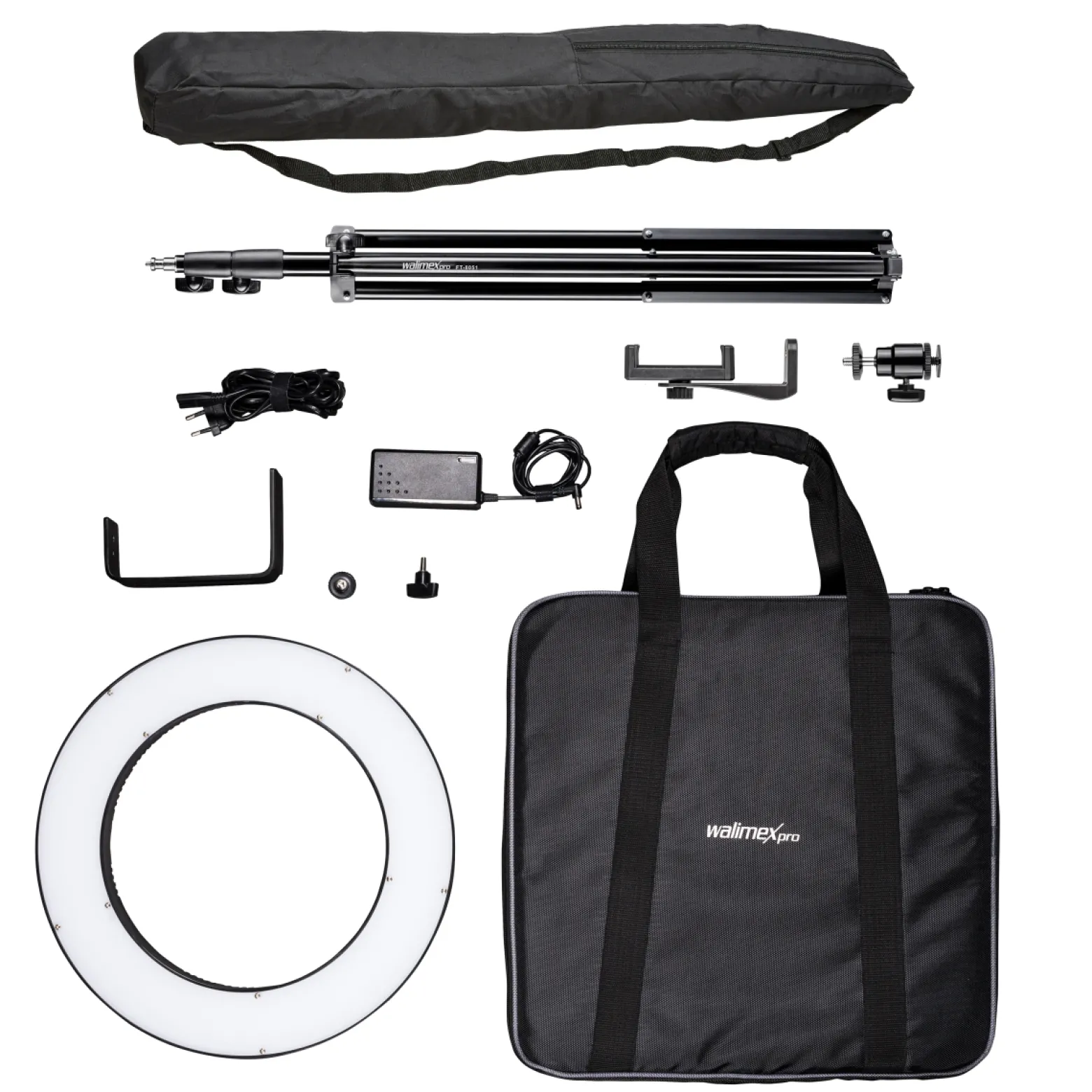 Walimex pro LED Ringleuchte 380 Bi-Color 23 W Set inkl. Stativ, leistungsstarkes Ringlicht mit schaltbaren Sektoren, Leuchtring dimmbar, Videoleuchte mit Zubehör