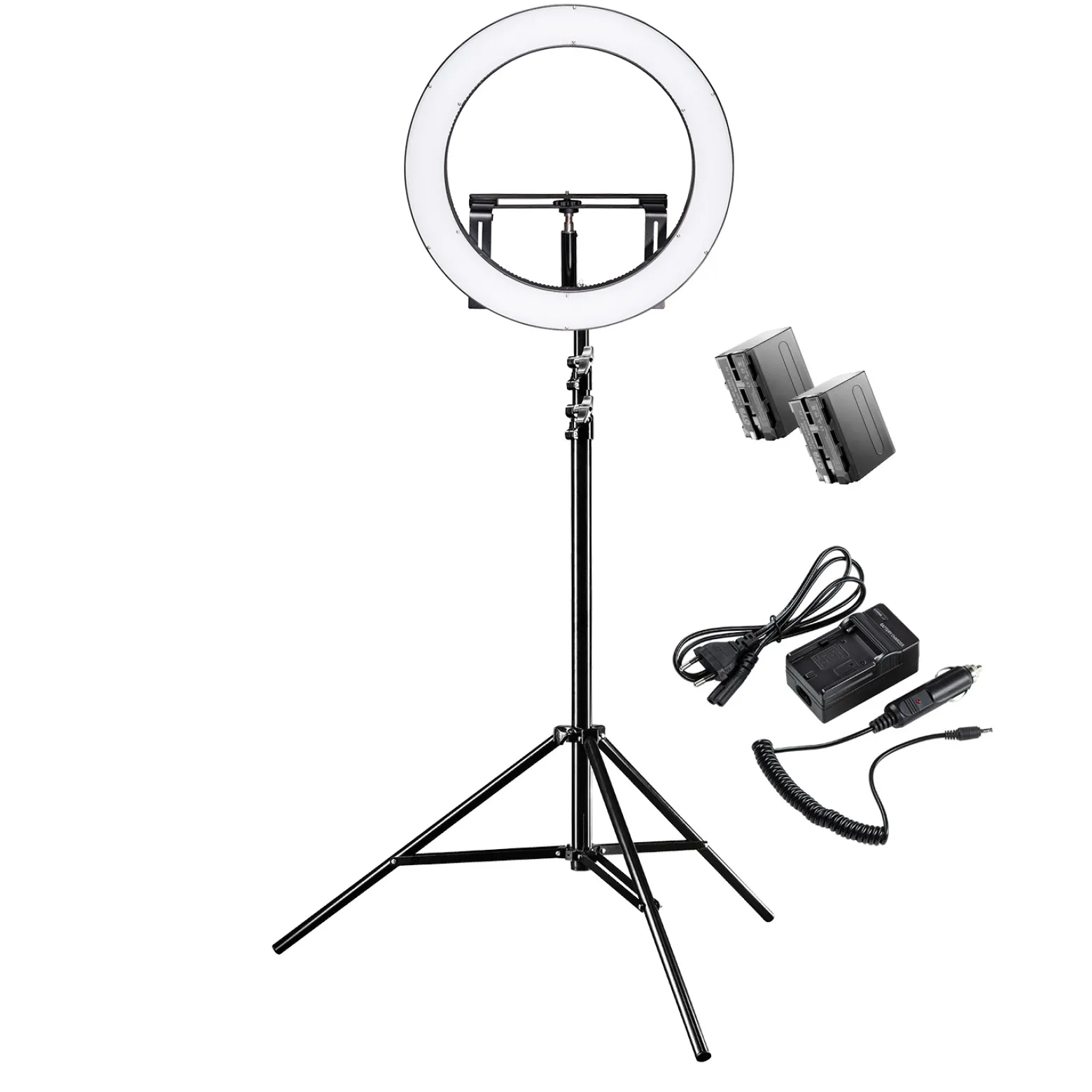 Walimex pro LED Ringleuchte 500 Bi-Color Set inkl. Stativ & Akku, dimmbares Ringlicht 32 W, Leuchtring mit einzeln schaltbaren Sektoren, Selfie Licht mit umfangreichem Zubehör