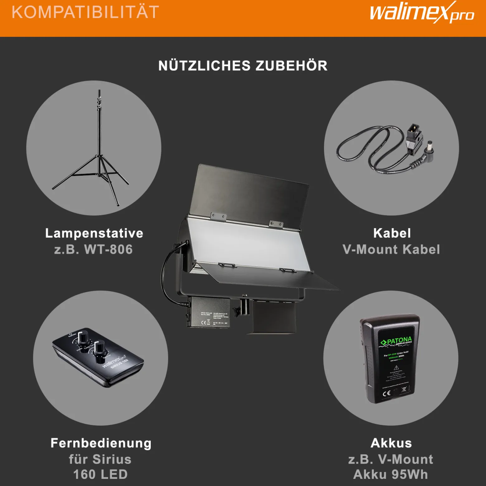 Walimex pro LED Sirius 160 Bi Color Flächenleuchte, Flächenlicht 65 W, Videoleuchte stufenlos dimmbar 3200-5600 K, Studiolicht mit 120° Abstrahlwinkel und Diffusor