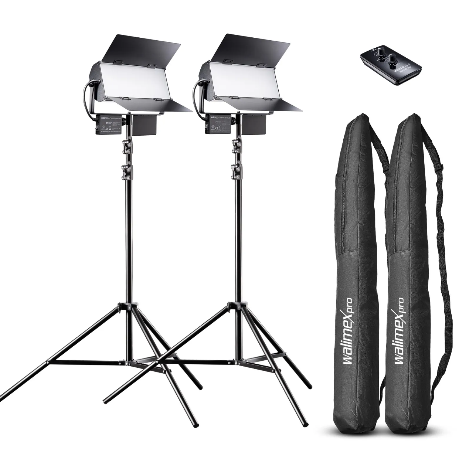 Walimex pro LED Sirius 160 Bi Color Flächenleuchte 2er Set mit 2x Lampenstativ und Fernbedienung, Flächenlicht 65 W, Videoleuchte stufenlos dimmbar, Stativ 90-260 cm mit Federdämpfung