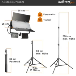 Walimex pro LED Sirius 160 Bi Color Flächenleuchte 2er Set mit 2x Lampenstativ und Fernbedienung, Flächenlicht 65 W, Videoleuchte stufenlos dimmbar, Stativ 90-260 cm mit Federdämpfung