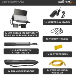 Walimex pro LED Sirius 160 Daylight Flächenleuchte Set mit Lampenstativ, 65 W Flächenlicht, Tageslicht Videoleuchte 5600 K, Studioleuchte mit Aluminium-Gehäuse, Stativ mit Federdämpfung