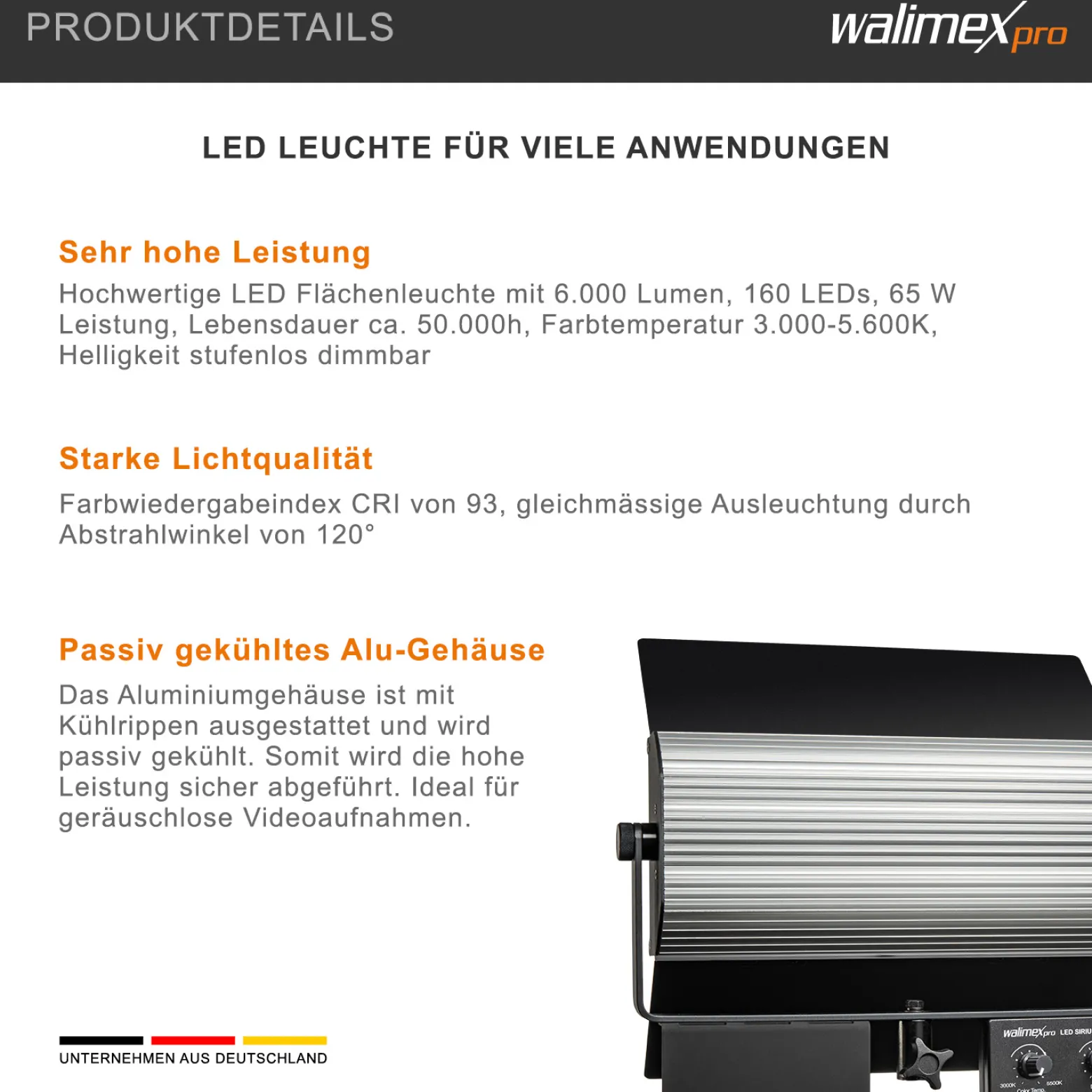 Walimex pro LED Sirius 160 Daylight Flächenleuchte Set mit Lampenstativ, 65 W Flächenlicht, Tageslicht Videoleuchte 5600 K, Studioleuchte mit Aluminium-Gehäuse, Stativ mit Federdämpfung