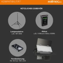 Walimex pro LED Sirius 160 Daylight Flächenleuchte Set mit Lampenstativ, 65 W Flächenlicht, Tageslicht Videoleuchte 5600 K, Studioleuchte mit Aluminium-Gehäuse, Stativ mit Federdämpfung