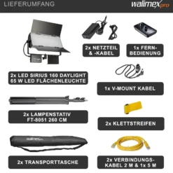 Walimex pro LED Sirius 160 Daylight Flächenleuchte 2er Set mit 2x Lampenstativ und Fernbedienung, 65 W Flächenlicht, Tageslicht Videoleuchte 5600 K, Studioleuchte mit Aluminium-Gehäuse