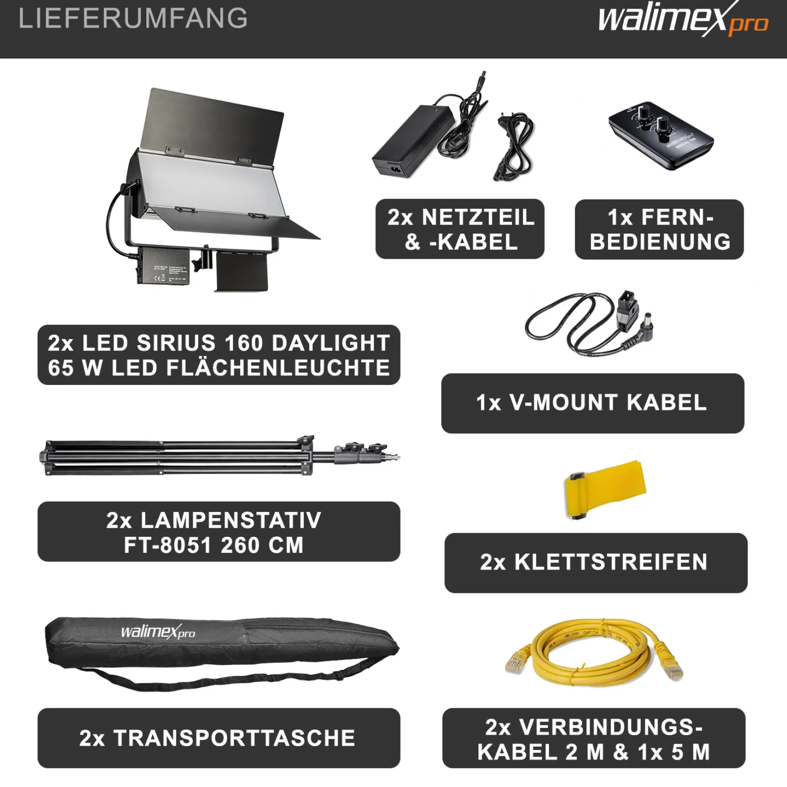 Walimex pro LED Sirius 160 Daylight Flächenleuchte 2er Set mit 2x Lampenstativ und Fernbedienung, 65 W Flächenlicht, Tageslicht Videoleuchte 5600 K, Studioleuchte mit Aluminium-Gehäuse