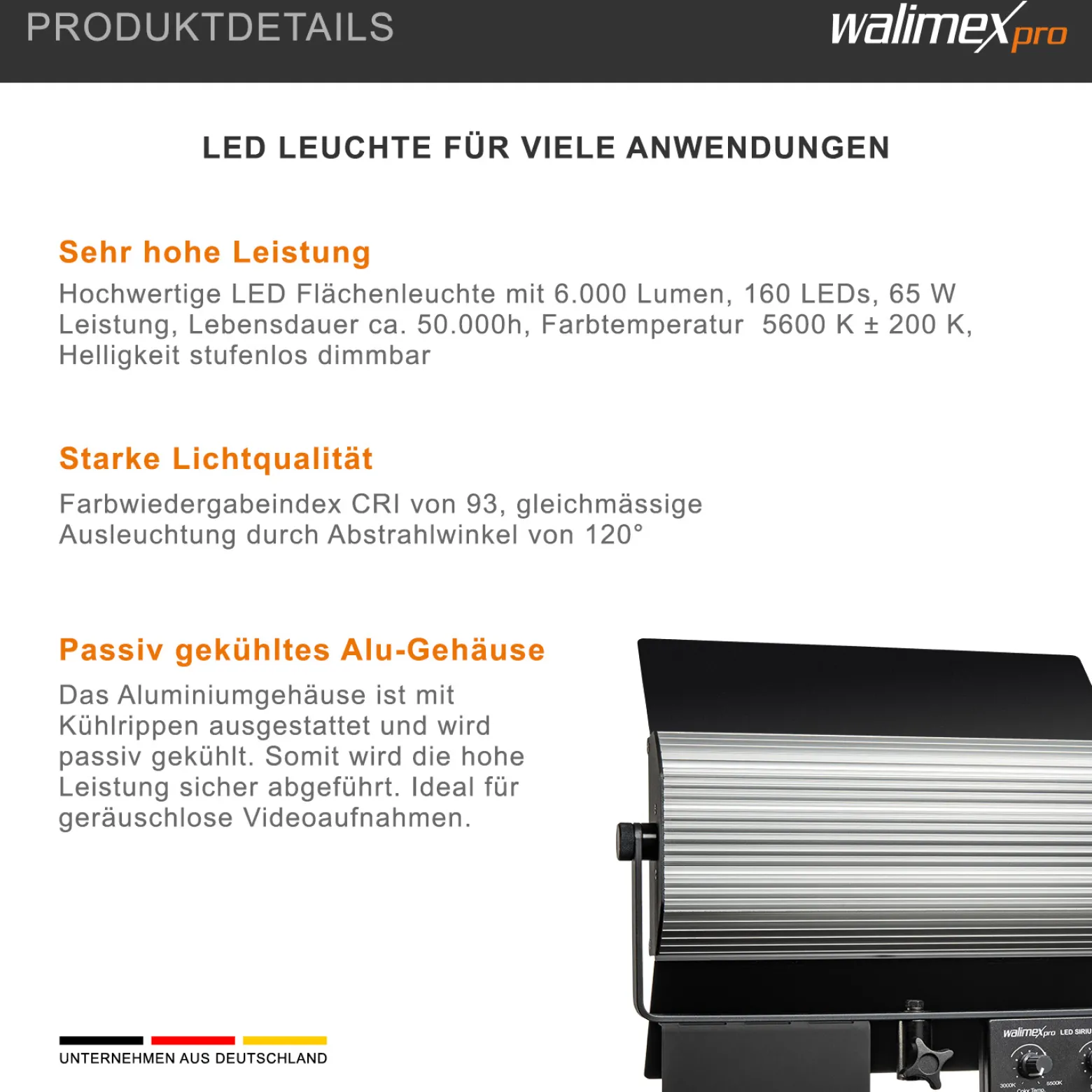 Walimex pro LED Sirius 160 Daylight Flächenleuchte 2er Set mit 2x Lampenstativ und Fernbedienung, 65 W Flächenlicht, Tageslicht Videoleuchte 5600 K, Studioleuchte mit Aluminium-Gehäuse