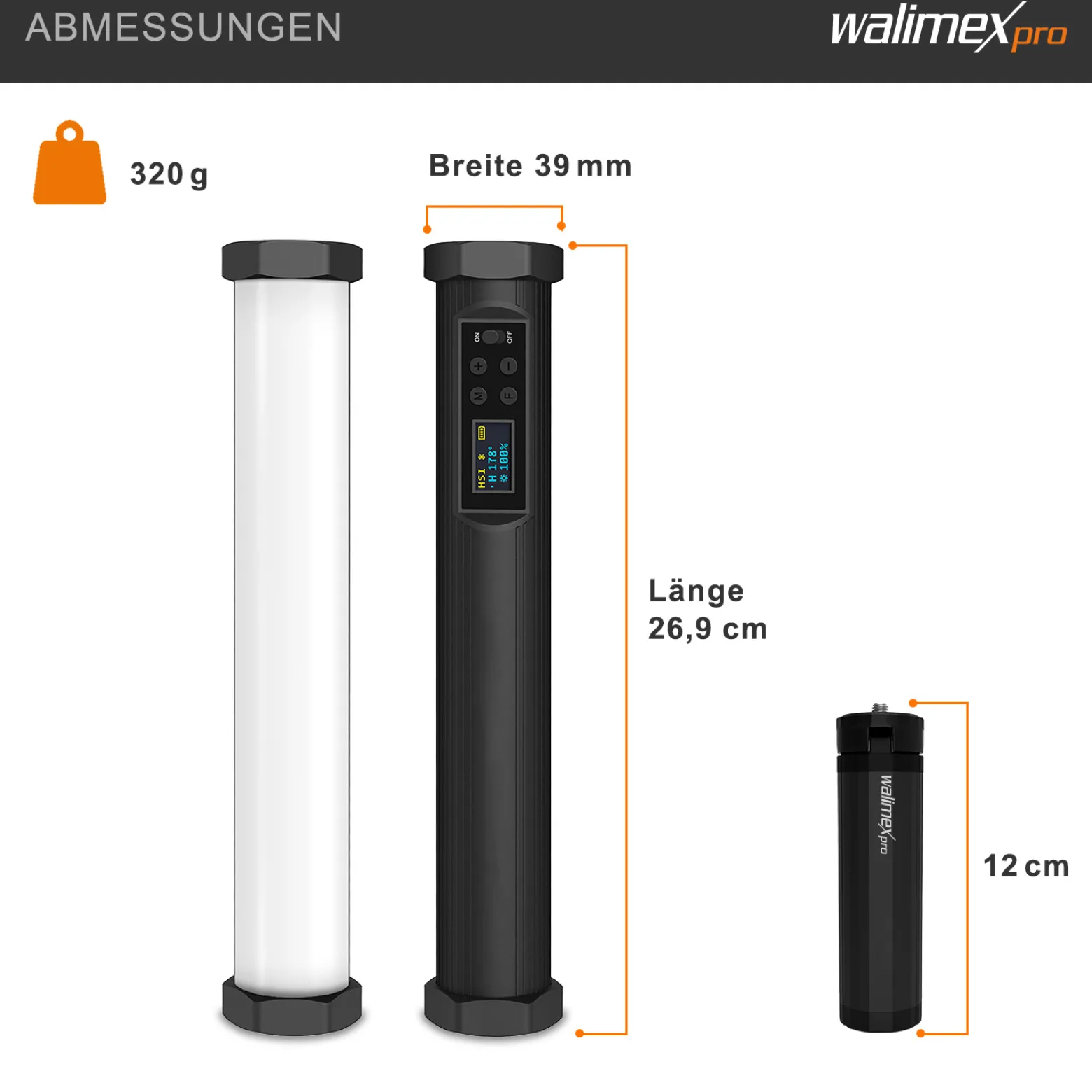 Walimex pro Leuchtstab Small M10, Videoleuchte mit Bi-Color und RGB-Vollspektrum, magnetische Videoleuchte, Studioleuchte mit 9 Effekten