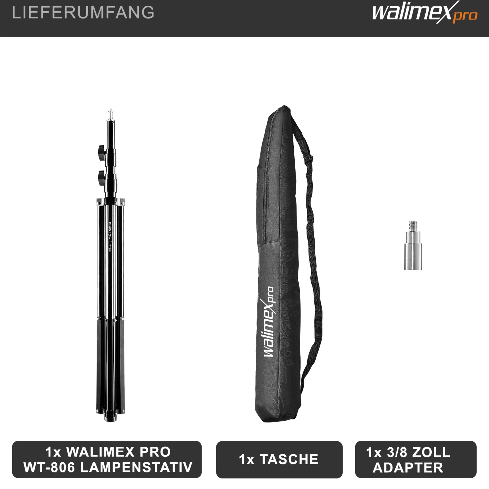 Walimex pro Lichtstativ WT-806 bis 256 cm Höhe, Blitzstativ mit Federdämpfung inkl. 3/8" Adapter & Tasche, Lampenstativ bis 6 kg, Studiostativ für Ringlicht, Reflektor, Blitz & Video