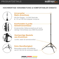 Walimex pro Lichtstativ WT-806 bis 256 cm Höhe, Blitzstativ mit Federdämpfung inkl. 3/8