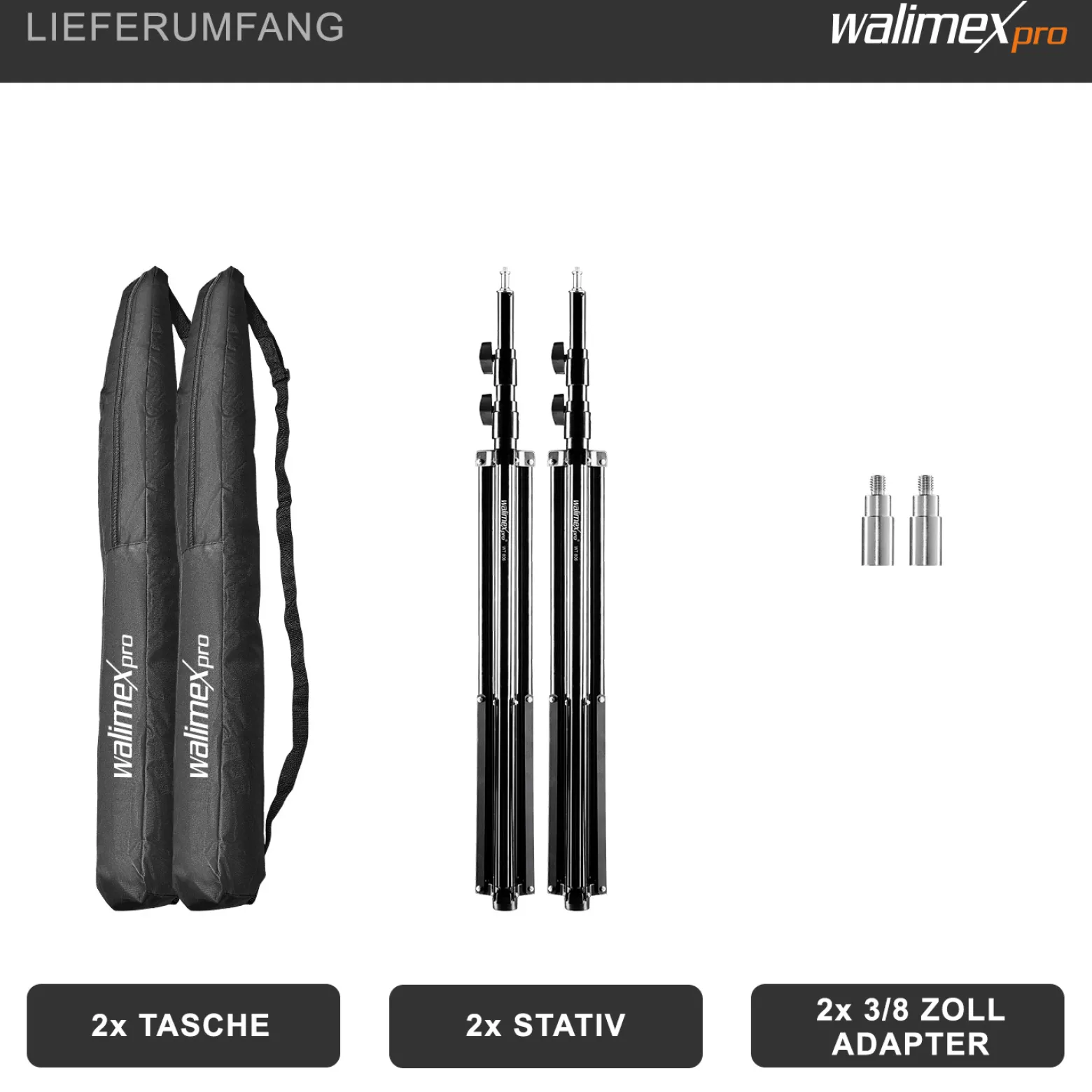 Walimex pro Lichtstativ WT-806 2er-Set bis 256 cm Höhe, Blitzstativ mit Federdämpfung inkl. 3/8" Adapter & Taschen, Lampenstativ bis 6 kg, Studiostativ für Ringlicht, Reflektor, Blitz & Video