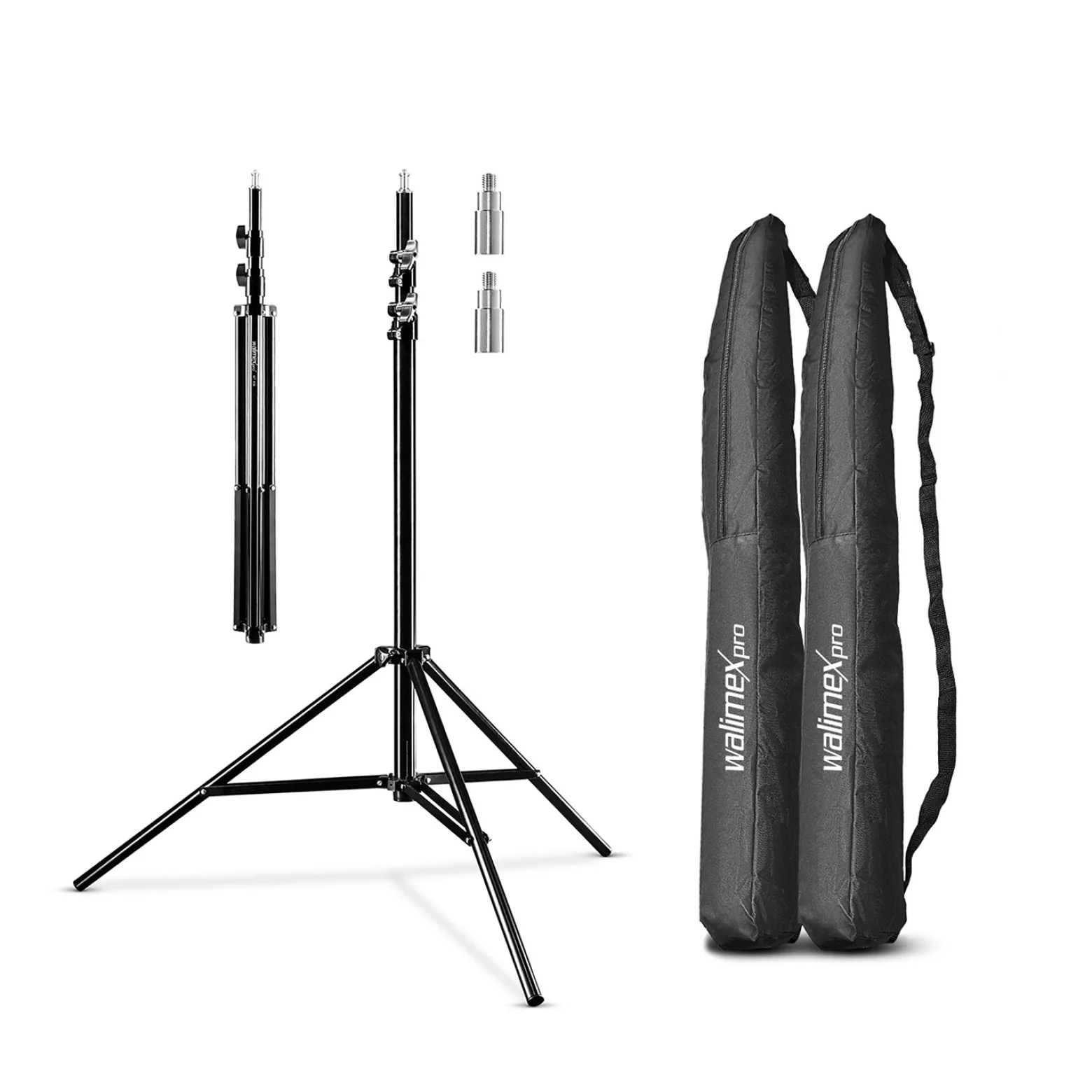 Walimex pro Lichtstativ WT-806 2er-Set bis 256 cm Höhe, Blitzstativ mit Federdämpfung inkl. 3/8" Adapter & Taschen, Lampenstativ bis 6 kg, Studiostativ für Ringlicht, Reflektor, Blitz & Video