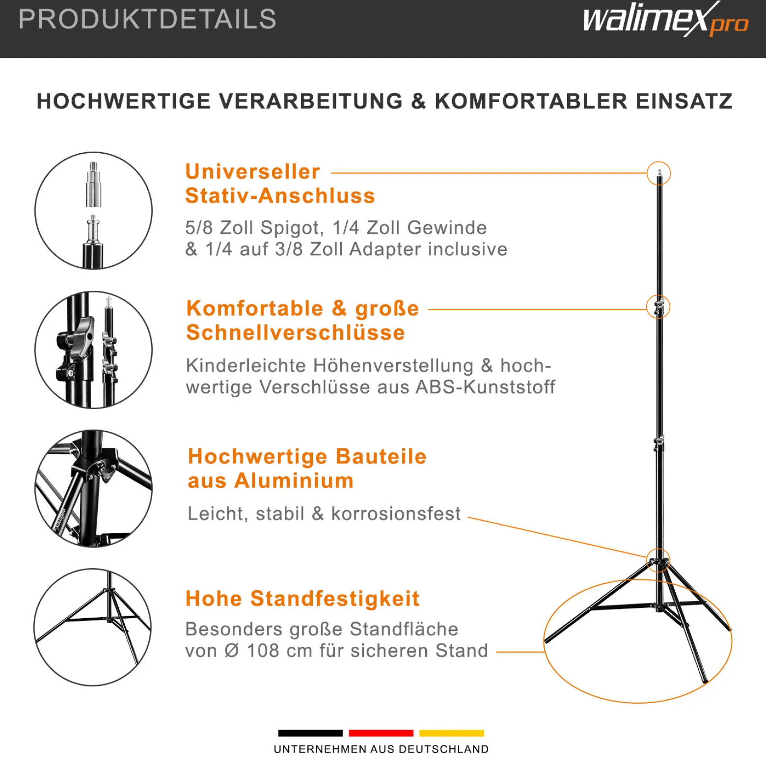Walimex pro Lichtstativ WT-806 2er-Set bis 256 cm Höhe, Blitzstativ mit Federdämpfung inkl. 3/8" Adapter & Taschen, Lampenstativ bis 6 kg, Studiostativ für Ringlicht, Reflektor, Blitz & Video