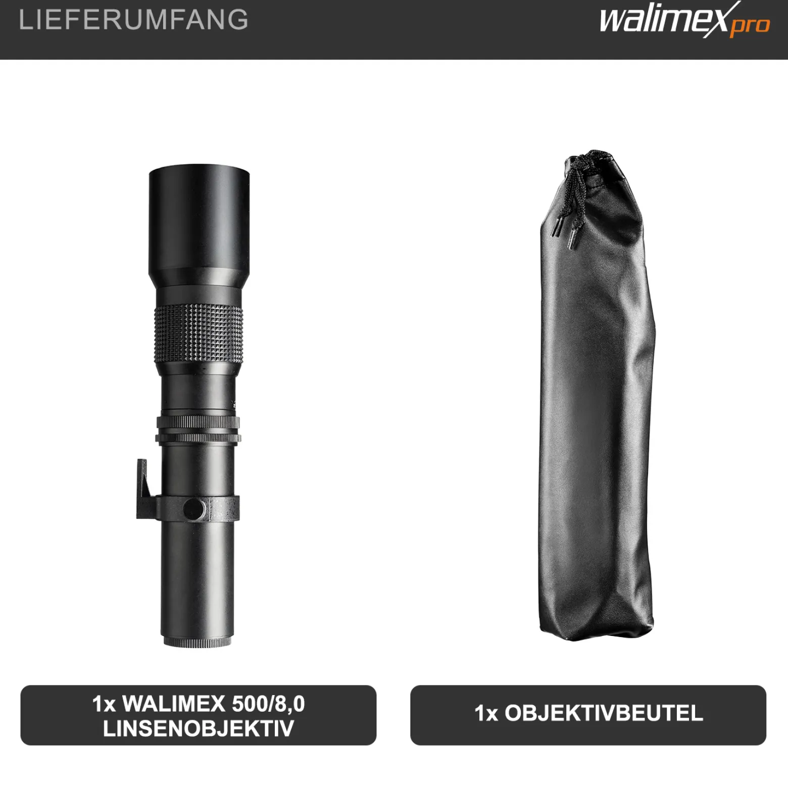 Walimex pro 500/8,0 Linsen Objektiv für verschiedene Kameras, DSLR-Objektiv für Vollformat und APSC, Teleobjektiv mit eingebauter Irisblende, hochwertiges Kameraobjektiv