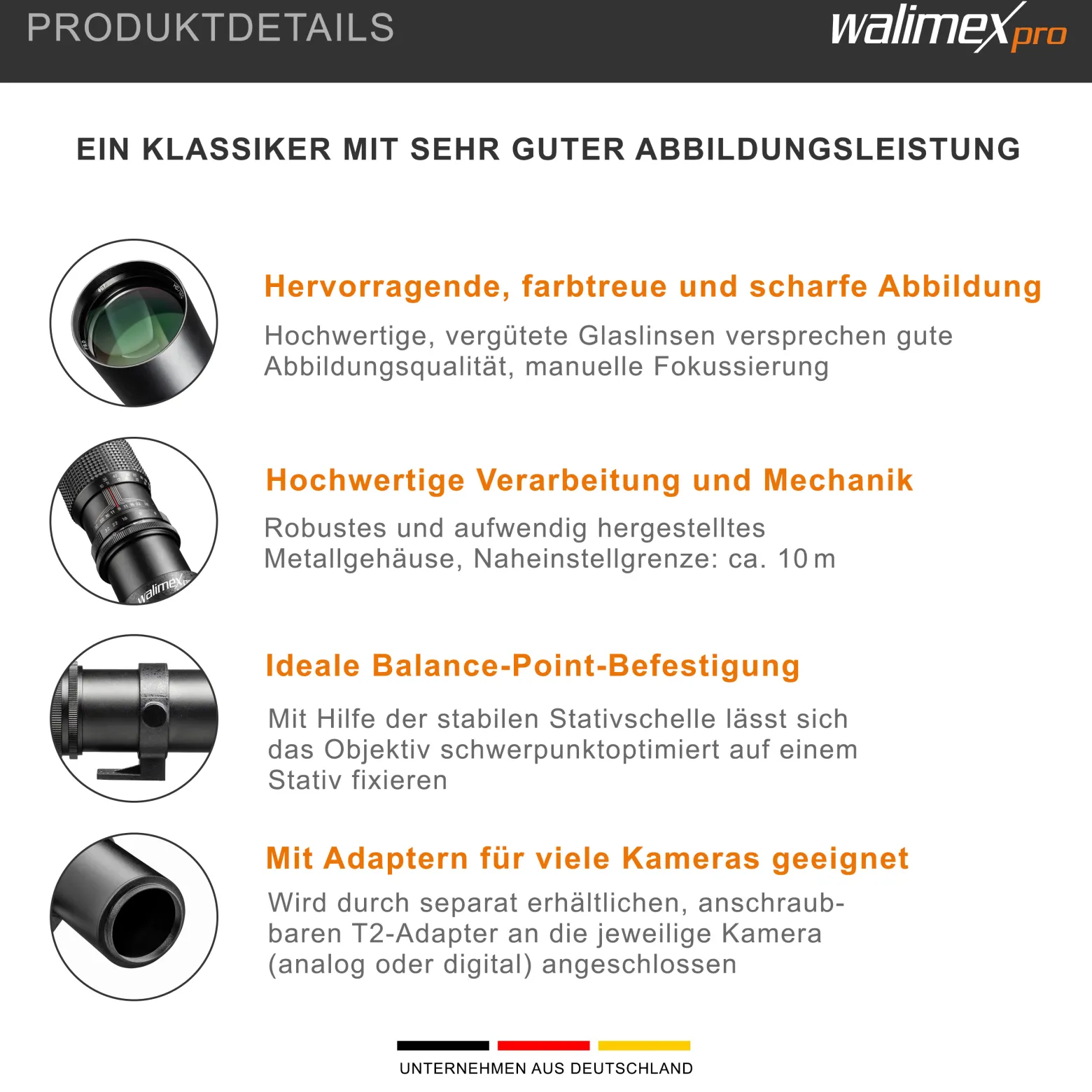Walimex pro 500/8,0 Linsen Objektiv für verschiedene Kameras, DSLR-Objektiv für Vollformat und APSC, Teleobjektiv mit eingebauter Irisblende, hochwertiges Kameraobjektiv