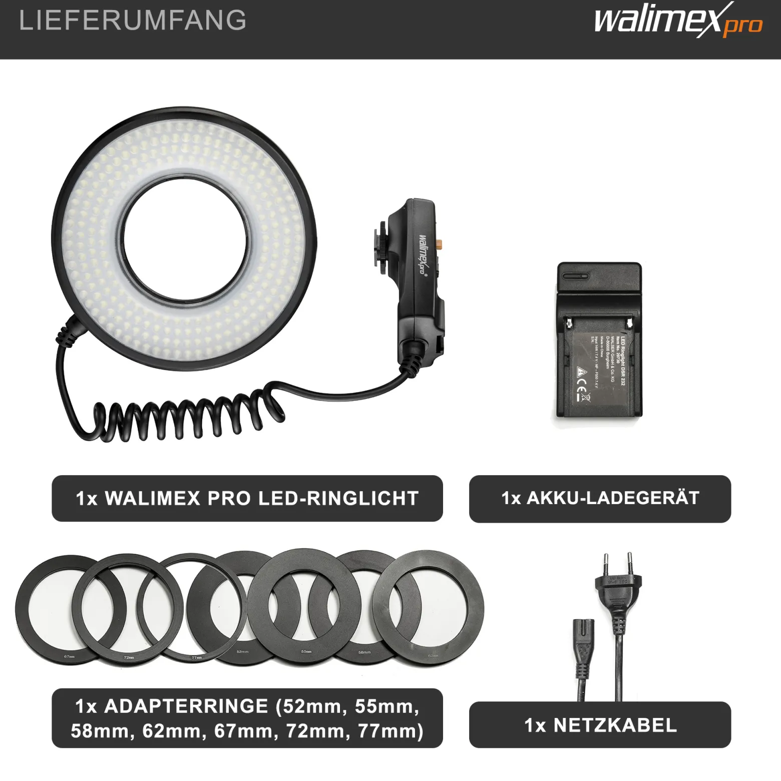 Walimex pro Macro LED Ringlicht DSR 232, Ringleuchte 14 W mit 232 LEDs, stufenlos dimmbares Videolicht