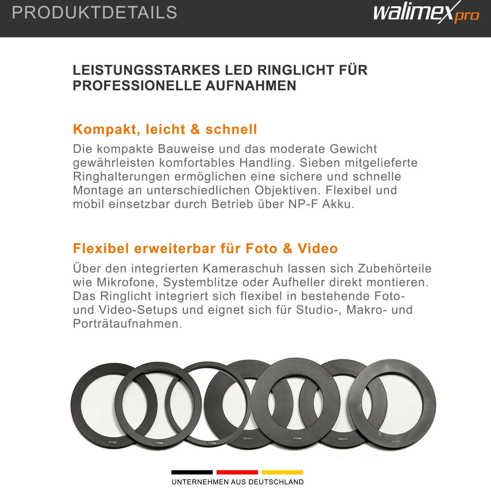 Walimex pro Macro LED Ringlicht DSR 232, Ringleuchte 14 W mit 232 LEDs, stufenlos dimmbares Videolicht
