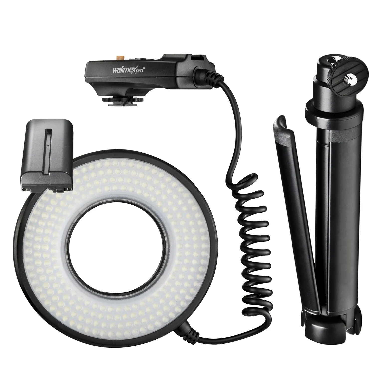 Walimex pro Macro LED Ringlicht Set inkl. Ministativ mit Kugelkopf, Ringleuchte 14 W mit 232 LEDs, stufenlos dimmbares Videolicht, Ringlampe mit Tageslichtcharakter