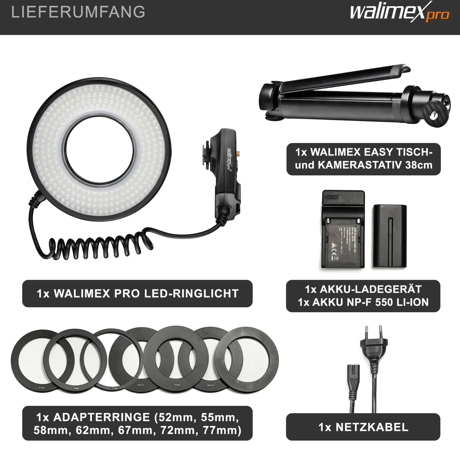 Walimex pro Macro LED Ringlicht Set inkl. Ministativ mit Kugelkopf, Ringleuchte 14 W mit 232 LEDs, stufenlos dimmbares Videolicht, Ringlampe mit Tageslichtcharakter