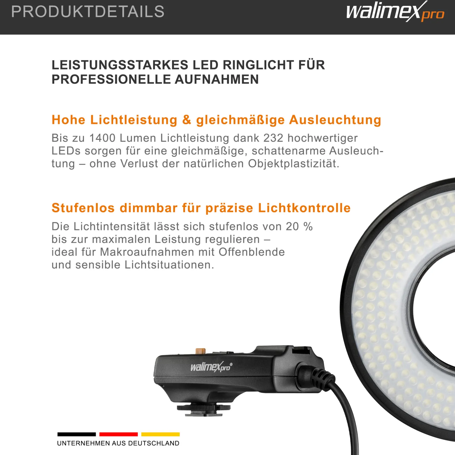 Walimex pro Macro LED Ringlicht Set inkl. Ministativ mit Kugelkopf, Ringleuchte 14 W mit 232 LEDs, stufenlos dimmbares Videolicht, Ringlampe mit Tageslichtcharakter