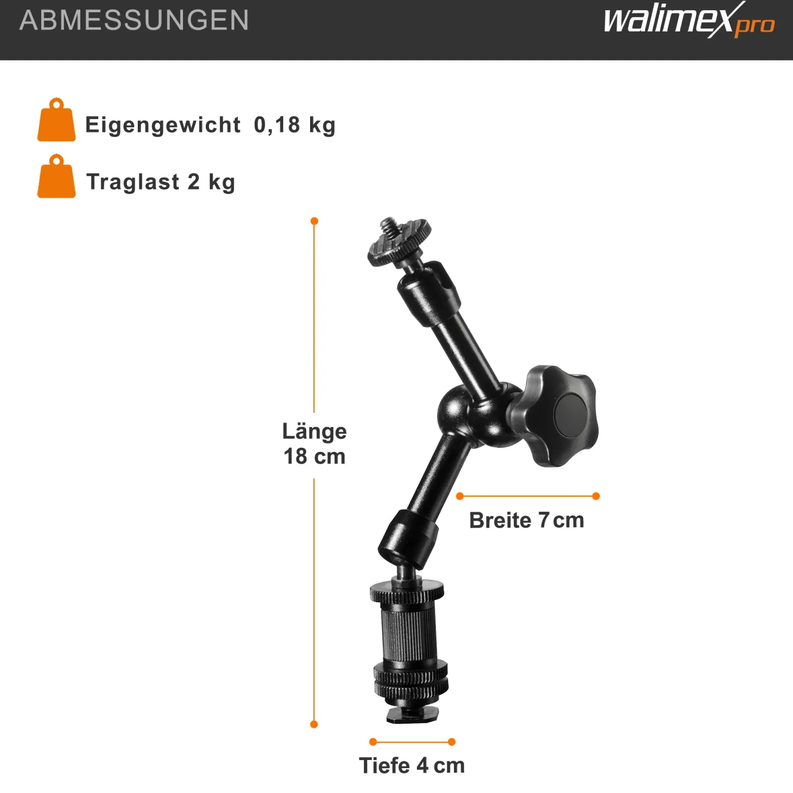 Walimex pro Magic Arm/Auslegearm - 180 x 70 x 39 mm - Tragfähigkeit 2 kg max - 2x 1/4 Zoll Schraube - DSLR-Gelenkarm, Auslegearm für Videostative, DSLR Rigs, Dollys und Aufnahmetische, Schwarz