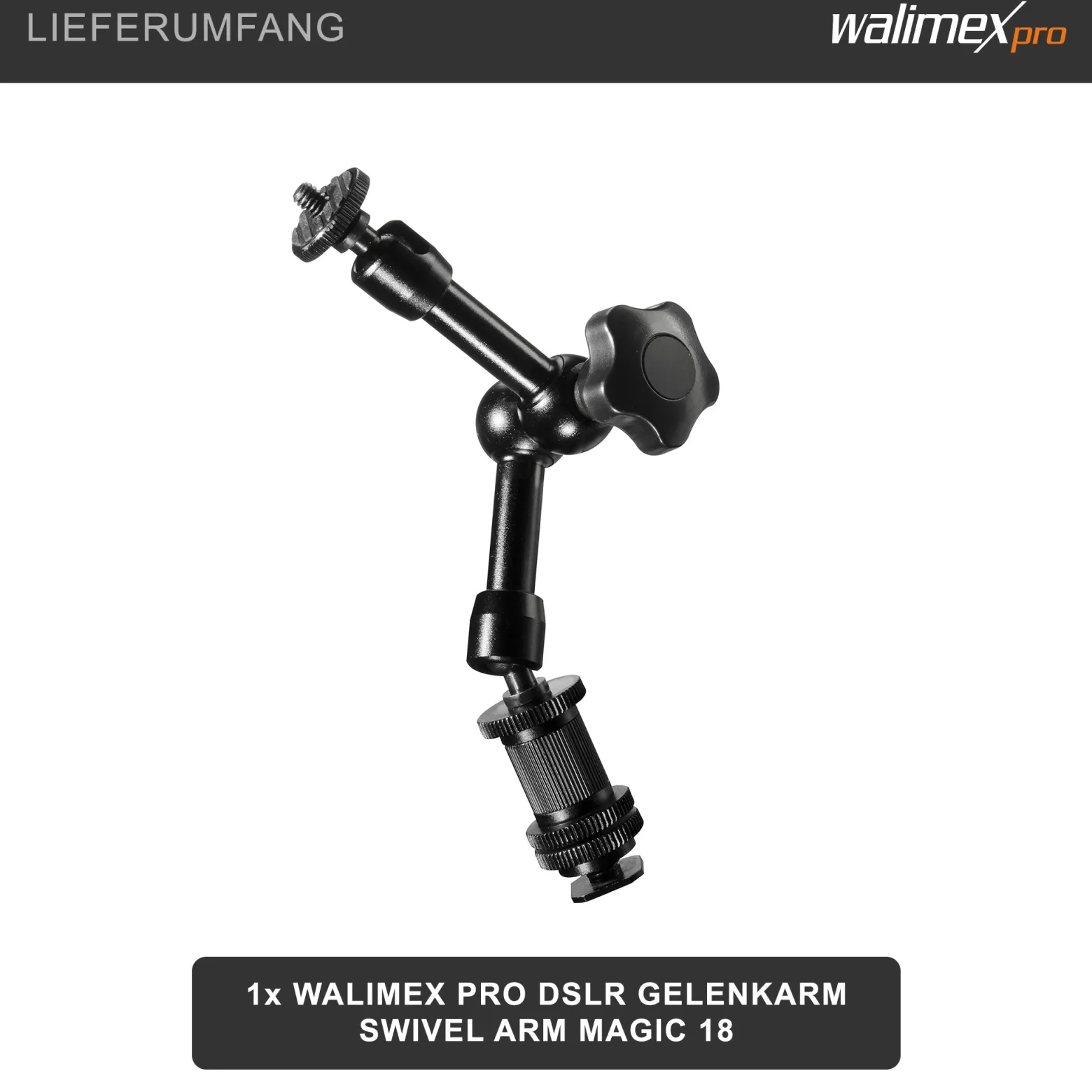 Walimex pro Magic Arm/Auslegearm - 180 x 70 x 39 mm - Tragfähigkeit 2 kg max - 2x 1/4 Zoll Schraube - DSLR-Gelenkarm, Auslegearm für Videostative, DSLR Rigs, Dollys und Aufnahmetische, Schwarz