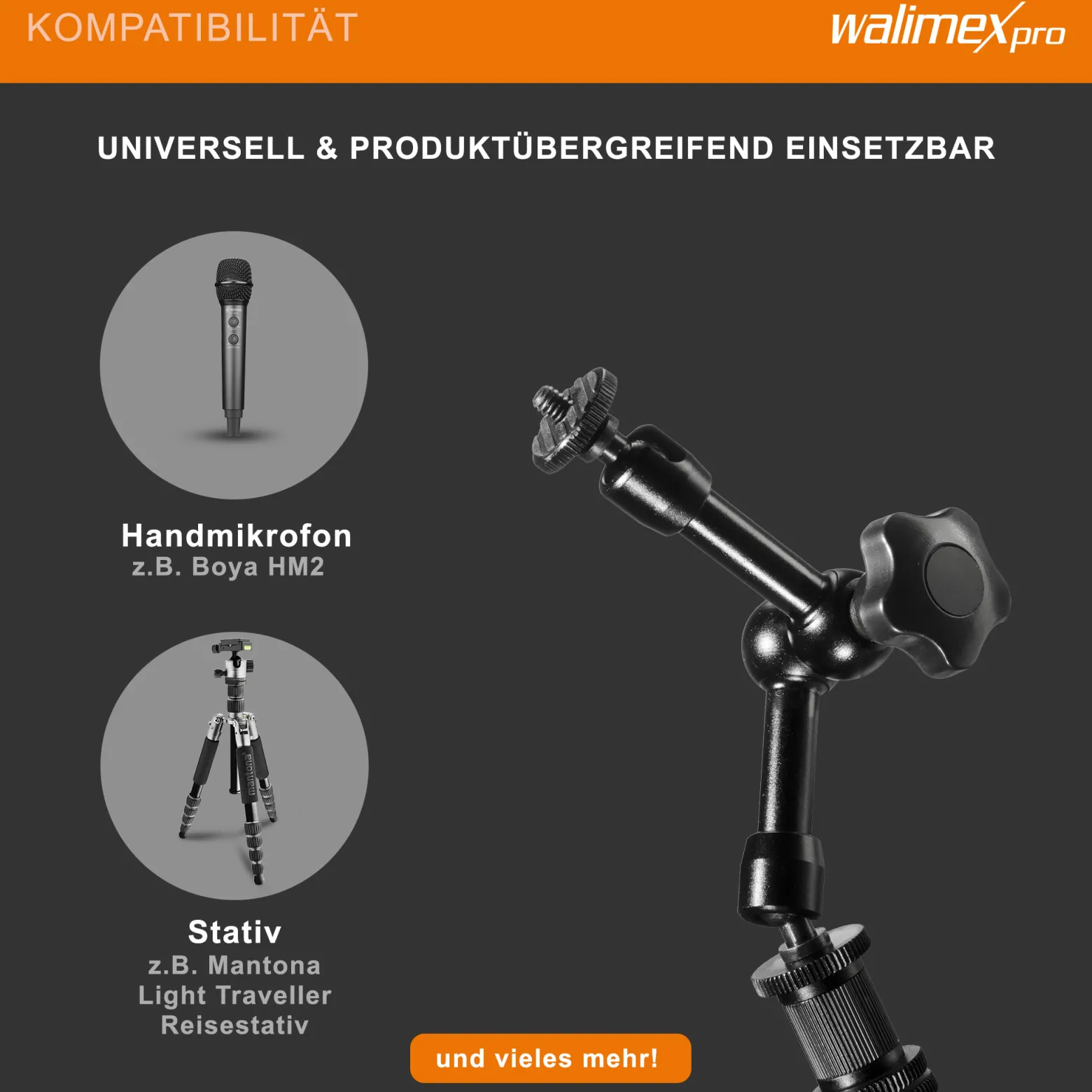 Walimex pro Magic Arm/Auslegearm - 180 x 70 x 39 mm - Tragfähigkeit 2 kg max - 2x 1/4 Zoll Schraube - DSLR-Gelenkarm, Auslegearm für Videostative, DSLR Rigs, Dollys und Aufnahmetische, Schwarz