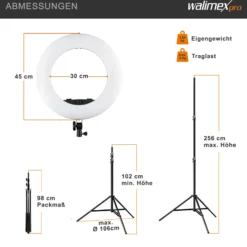 Walimex pro Medow 960 Pro LED-Ringlicht inkl. Stativ, Ringleuchte Bi-Color 3200-5500 K, dimmbare Videoleuchte mit Fernbedienung 96 W, Lampenstativ mit Federdämpfung