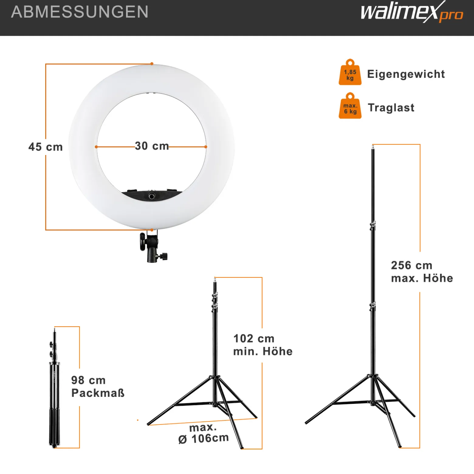 Walimex pro Medow 960 Pro LED-Ringlicht inkl. Stativ, Ringleuchte Bi-Color 3200-5500 K, dimmbare Videoleuchte mit Fernbedienung 96 W, Lampenstativ mit Federdämpfung