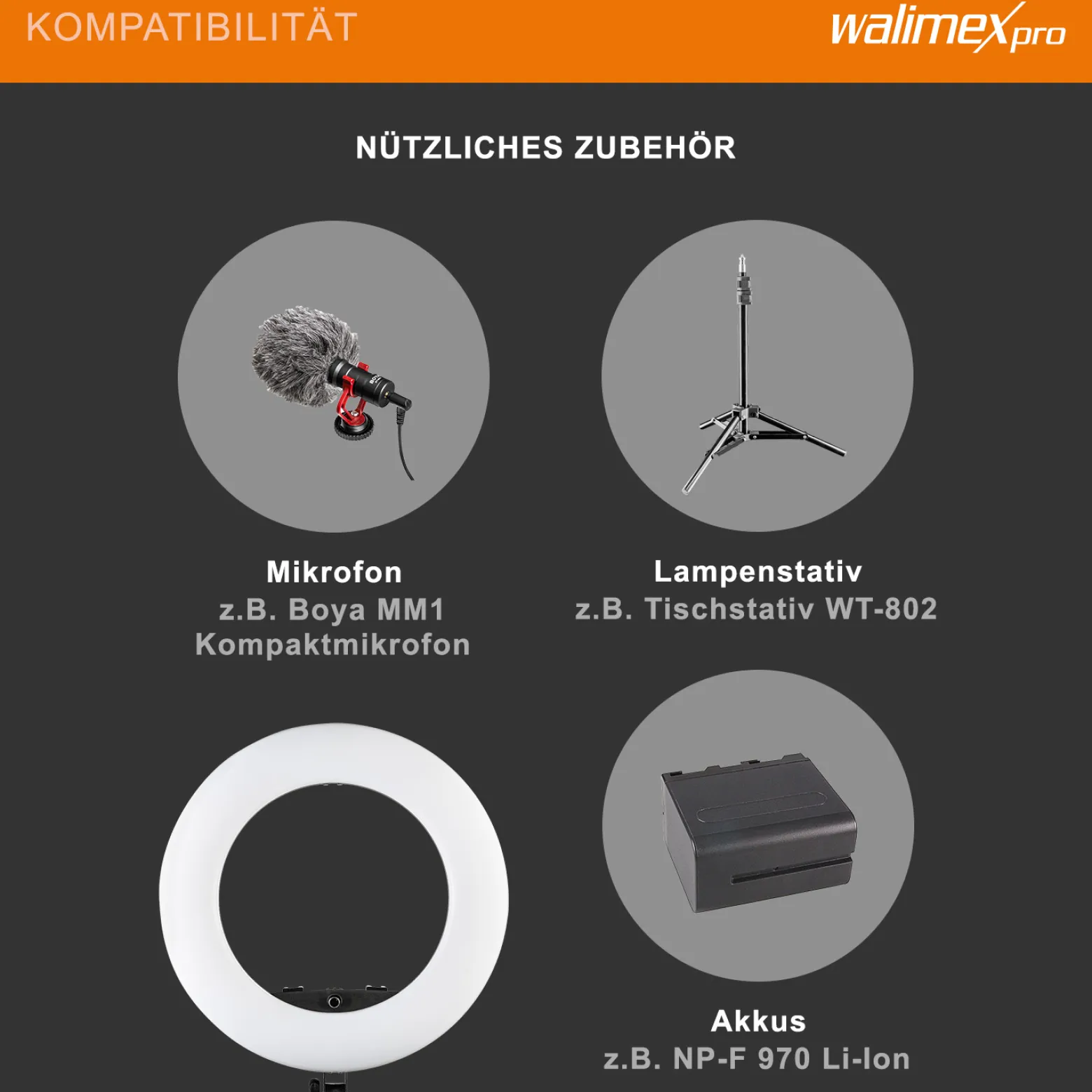 Walimex pro Medow 960 Pro LED-Ringlicht inkl. Stativ, Ringleuchte Bi-Color 3200-5500 K, dimmbare Videoleuchte mit Fernbedienung 96 W, Lampenstativ mit Federdämpfung