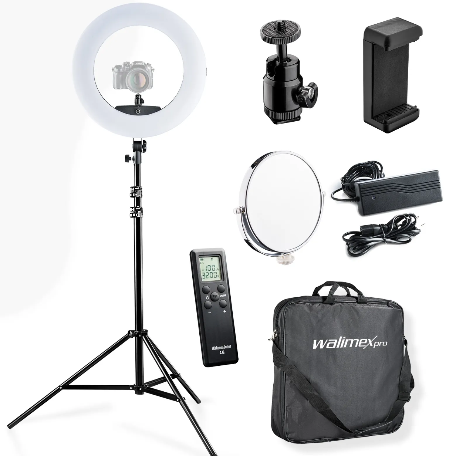 Walimex pro Medow 960 Pro LED-Ringlicht inkl. Stativ, Ringleuchte Bi-Color 3200-5500 K, dimmbare Videoleuchte mit Fernbedienung 96 W, Lampenstativ mit Federdämpfung