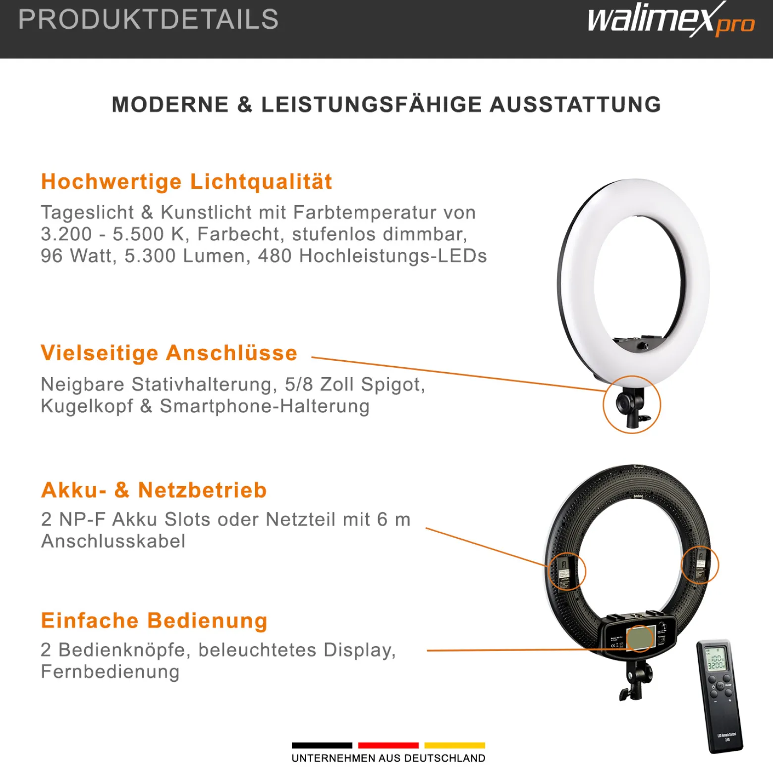 Walimex pro Medow 960 Pro LED-Ringlicht inkl. Stativ, Ringleuchte Bi-Color 3200-5500 K, dimmbare Videoleuchte mit Fernbedienung 96 W, Lampenstativ mit Federdämpfung