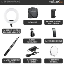 Walimex pro Medow 960 Pro LED-Ringlicht inkl. Stativ, Ringleuchte Bi-Color 3200-5500 K, dimmbare Videoleuchte mit Fernbedienung 96 W, Lampenstativ mit Federdämpfung
