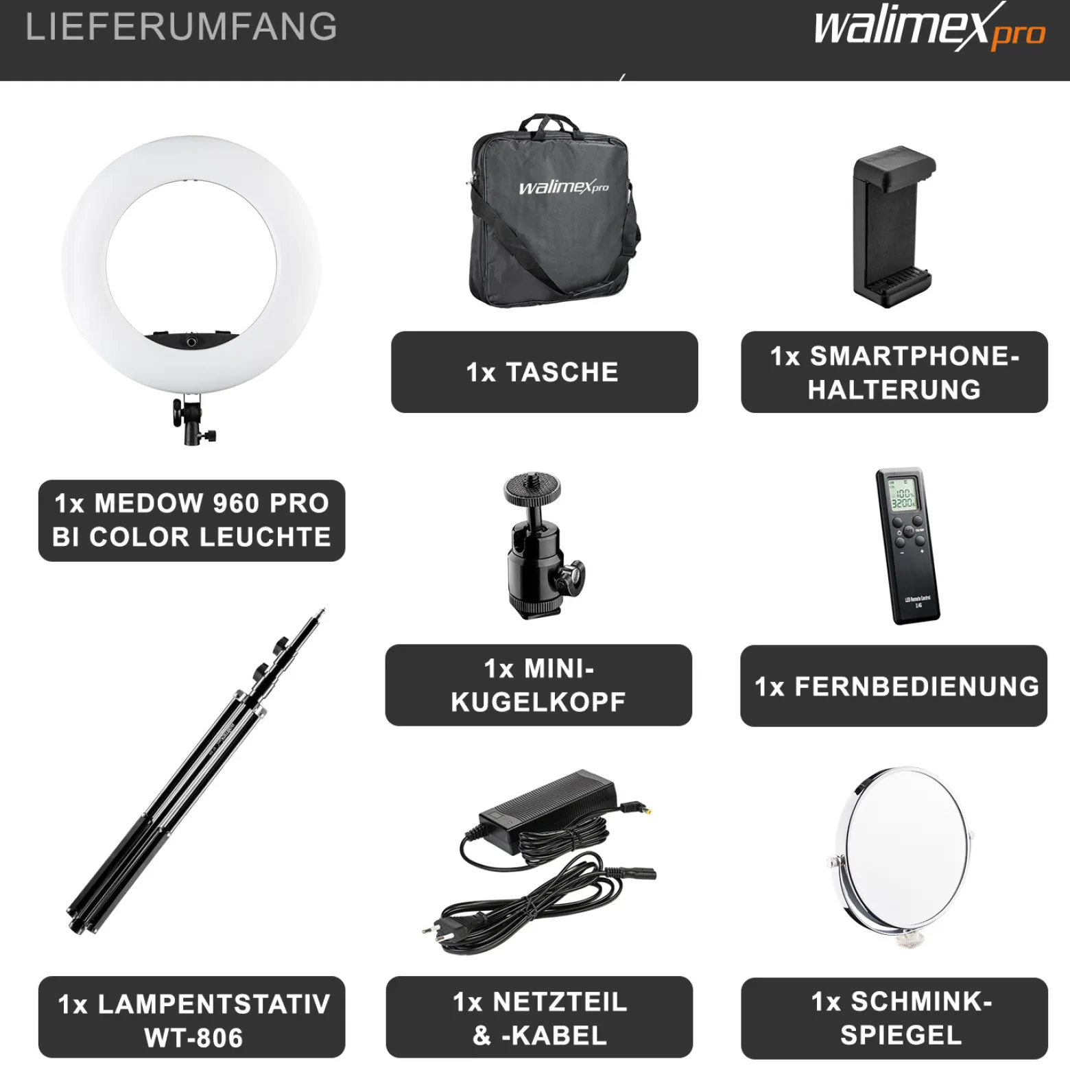 Walimex pro Medow 960 Pro LED-Ringlicht inkl. Stativ, Ringleuchte Bi-Color 3200-5500 K, dimmbare Videoleuchte mit Fernbedienung 96 W, Lampenstativ mit Federdämpfung