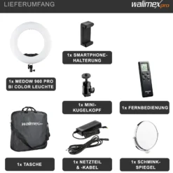 Walimex pro Medow 960 Pro LED-Ringlicht, Ringleuchte Bi-Color 3200-5500 K, dimmbare Videoleuchte mit Fernbedienung 96 W, kompatibel mit verschiedenen Lampenstativen