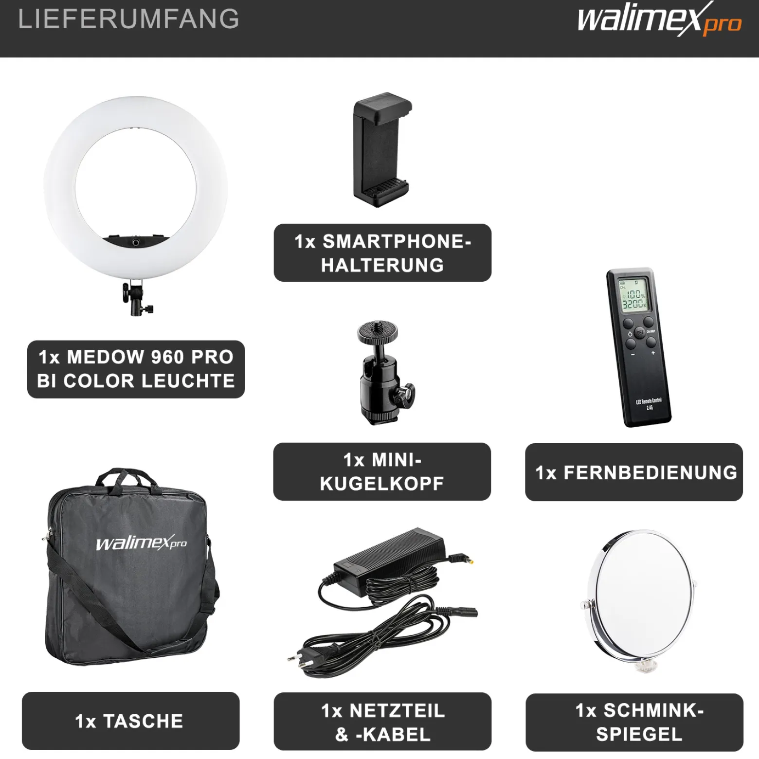 Walimex pro Medow 960 Pro LED-Ringlicht, Ringleuchte Bi-Color 3200-5500 K, dimmbare Videoleuchte mit Fernbedienung 96 W, kompatibel mit verschiedenen Lampenstativen