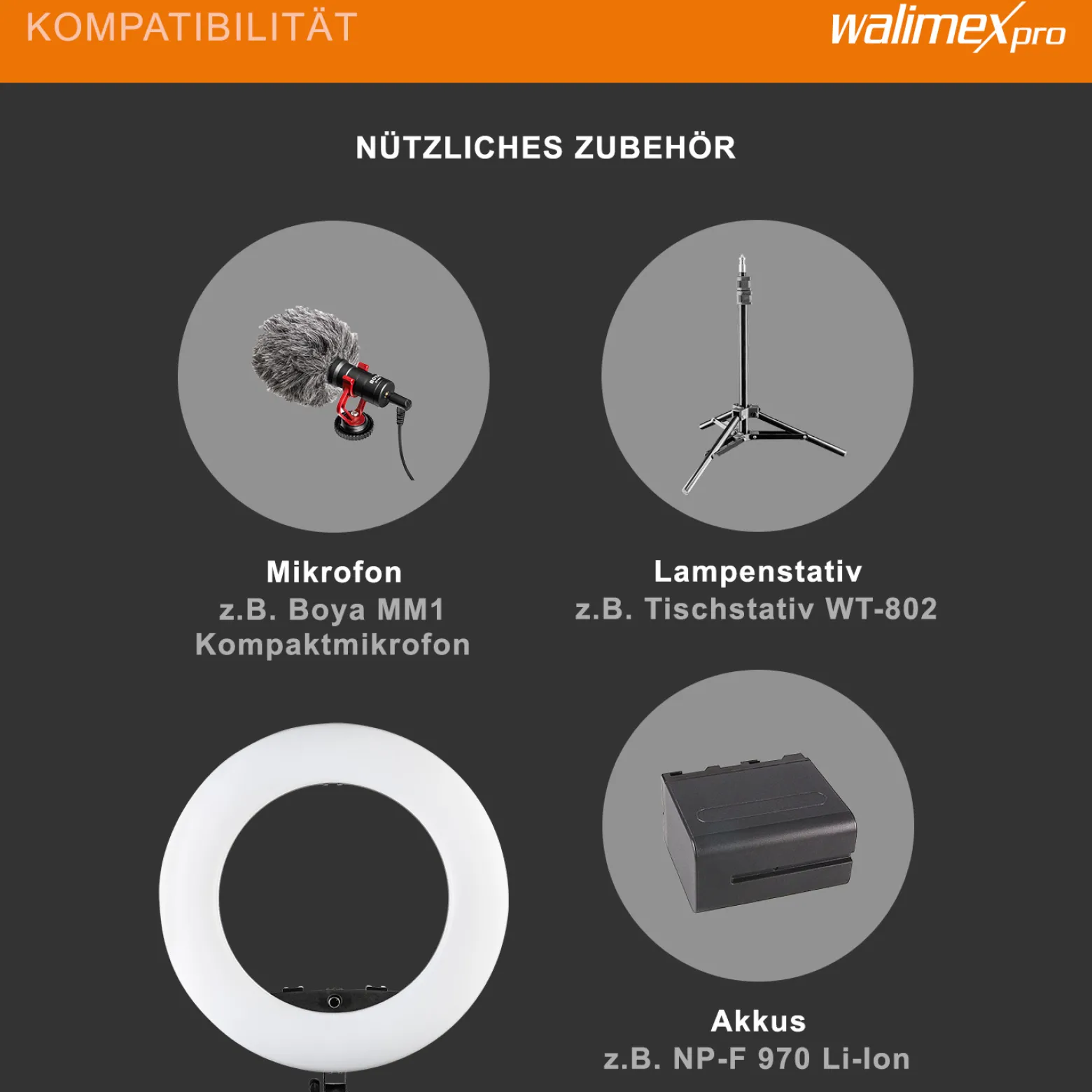 Walimex pro Medow 960 Pro LED-Ringlicht, Ringleuchte Bi-Color 3200-5500 K, dimmbare Videoleuchte mit Fernbedienung 96 W, kompatibel mit verschiedenen Lampenstativen
