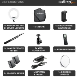 Walimex pro Medow 960 Pro LED-Ringlicht Set inkl. Stativ & NP-F Akkus, Bi-Color Ringleuchte, dimmbare Videoleuchte mit Fernbedienung 96 W, Lampenstativ mit Federdämpfung