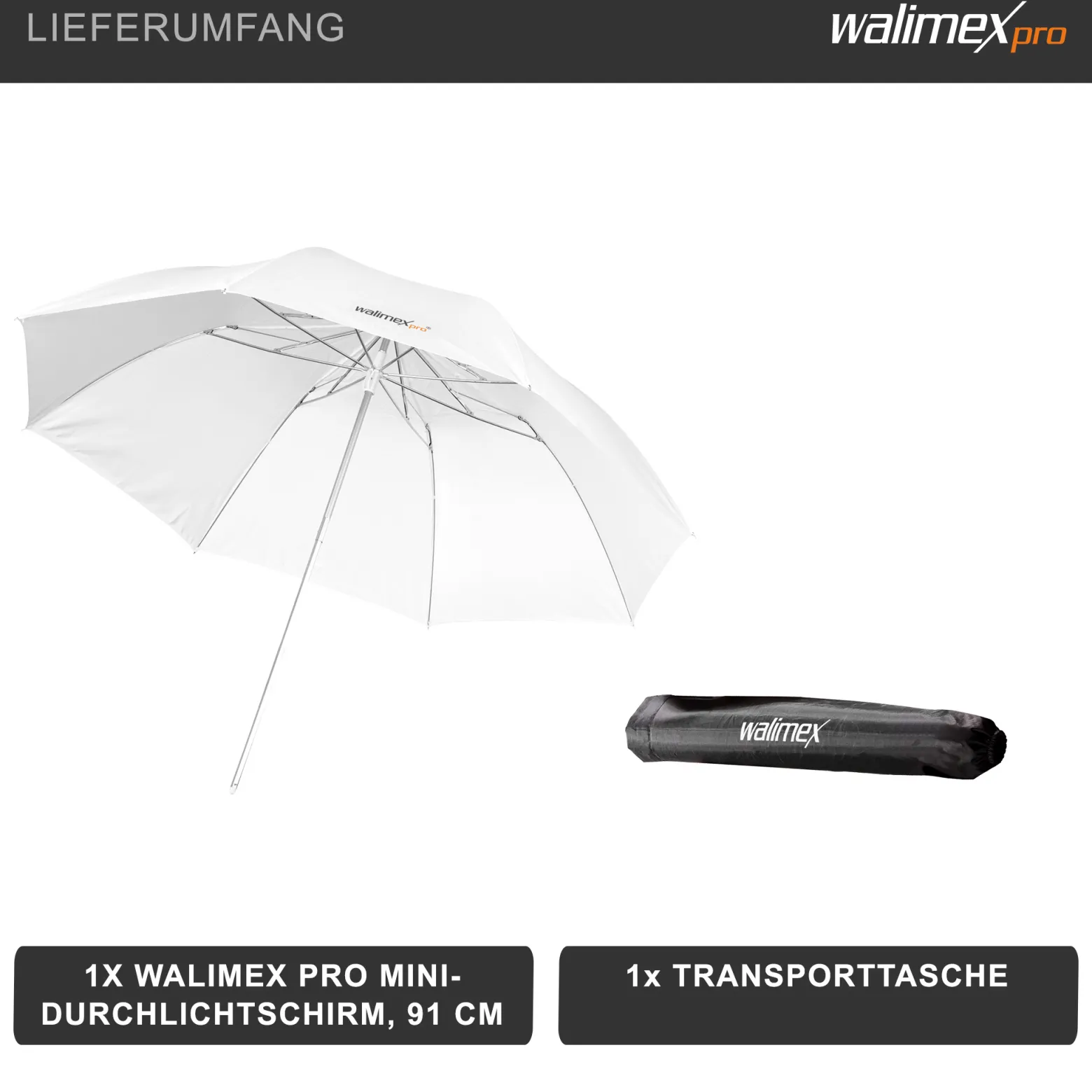 Walimex pro Mini Durchlichtschirm 91 cm Durchmesser, Fotoschirm faltbar auf 40 cm inkl. Transporttasche, Lichtformer für weiche Lichtcharakteristik, Studioschirm für Fotostudio