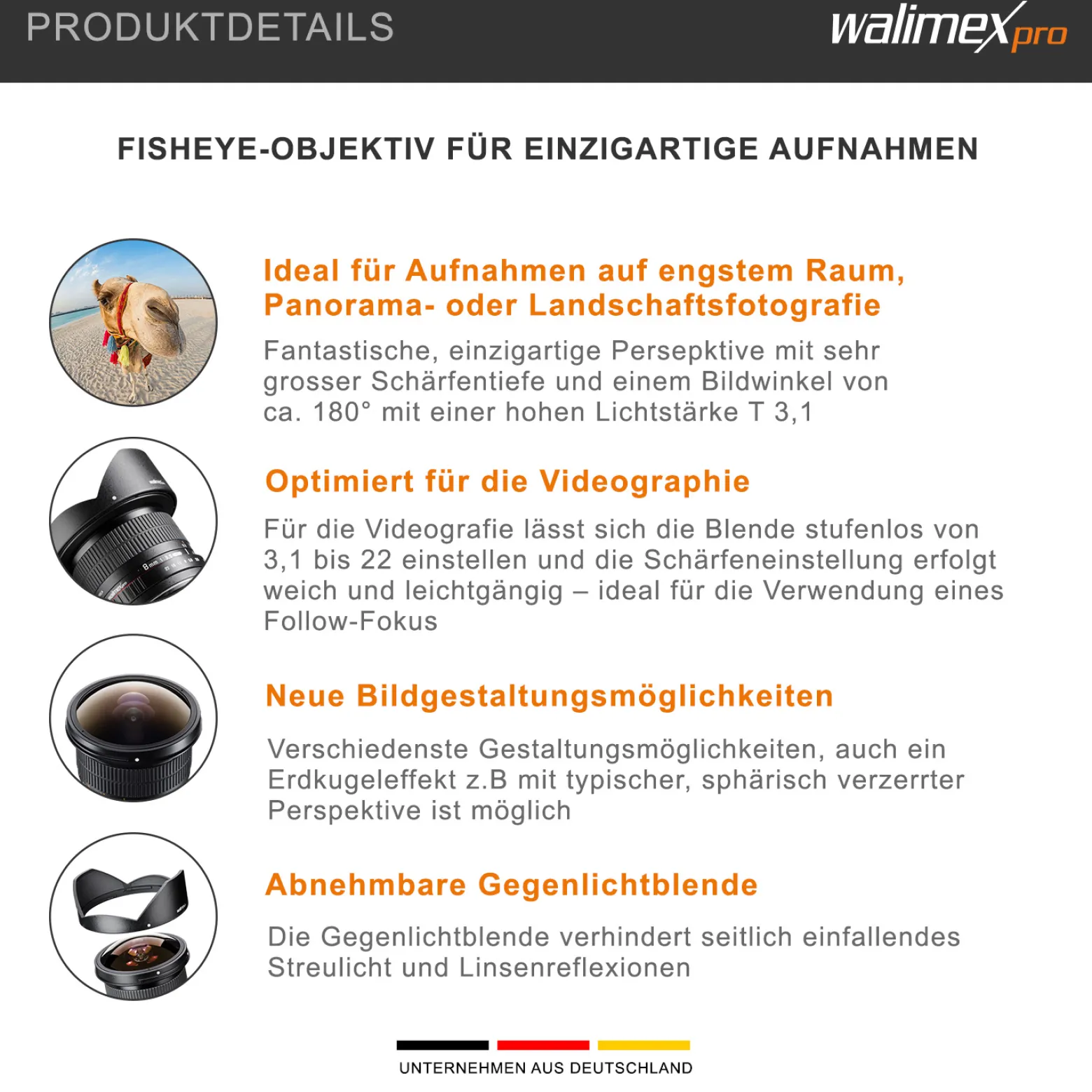 Walimex Pro 12mm 1:3,1 Fish-Eye VCSC für Canon EF Objektivbajonett schwarz (manueller Fokus, für Vollformat Sensor gerechnet, stufenlose Blendeneinstellung, mit abnehmbarer Gegenlichtblende)