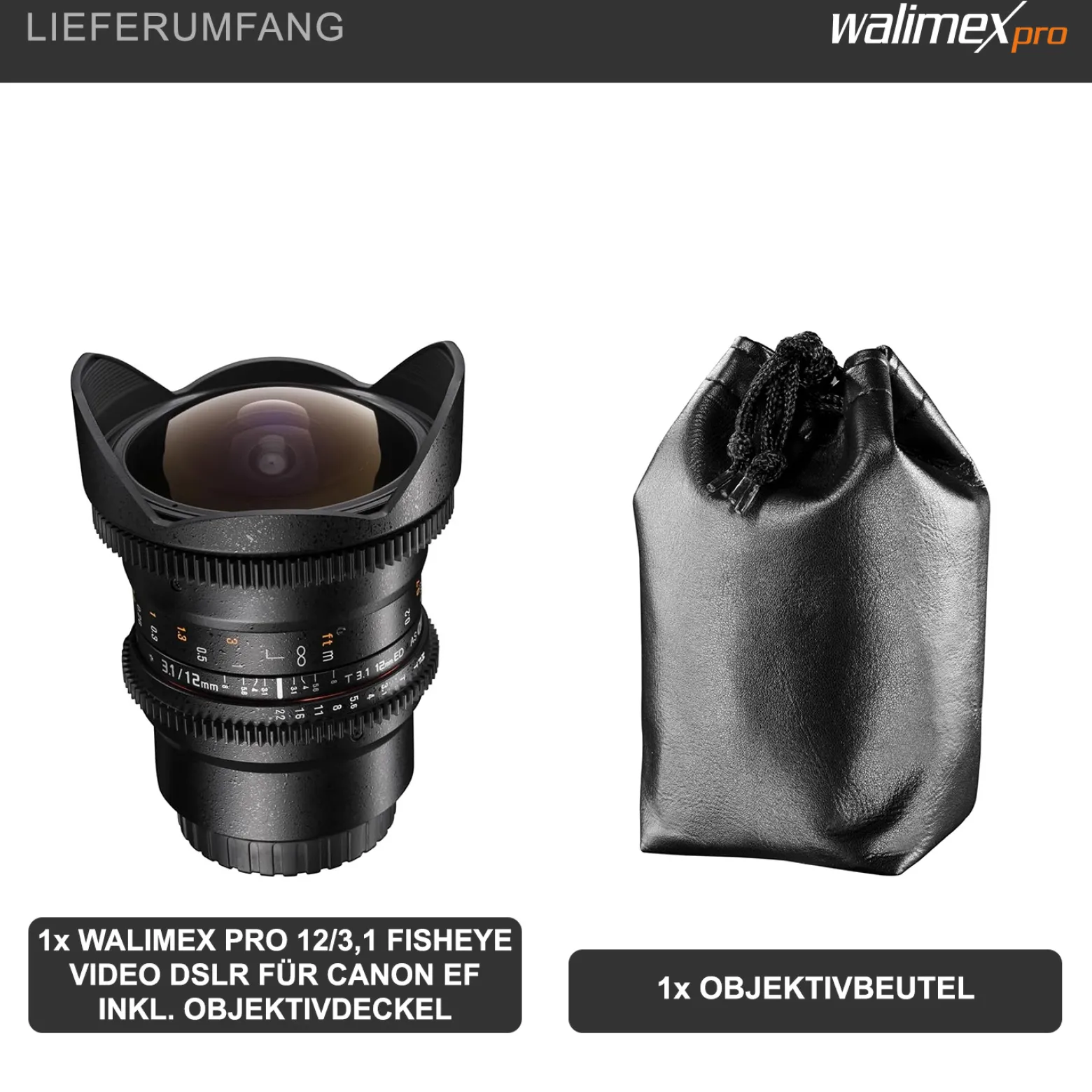 Walimex Pro 12mm 1:3,1 Fish-Eye VCSC für Canon EF Objektivbajonett schwarz (manueller Fokus, für Vollformat Sensor gerechnet, stufenlose Blendeneinstellung, mit abnehmbarer Gegenlichtblende)