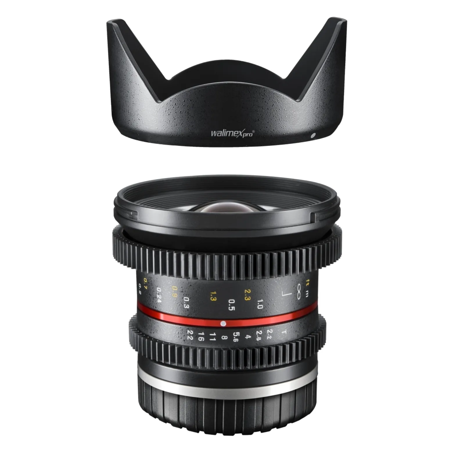 Walimex Pro 12mm 1:2,2 VCSC-Weitwinkelobjektiv kompatibel mit Sony E Mount Objektivbajonett (MC Linsen/Nano Coating, Zahnkranz, stufenlose Blende/Fokus, abnehmbare Gegenlichtblende) schwarz