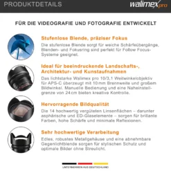 Walimex Pro 10mm 1:3,1 VCSC-Weitwinkelobjektiv (inkl. Gegenlichtblende, IF, Zahnkranz, stufenlose Blende und Fokus) für Canon EF-S Objektivbajonett schwarz